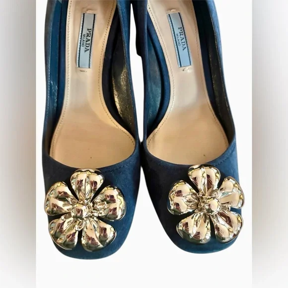 Prada Women's Blue Suede Block Heels with Silver Floral Accent 6.5 - Picture 2 of 6